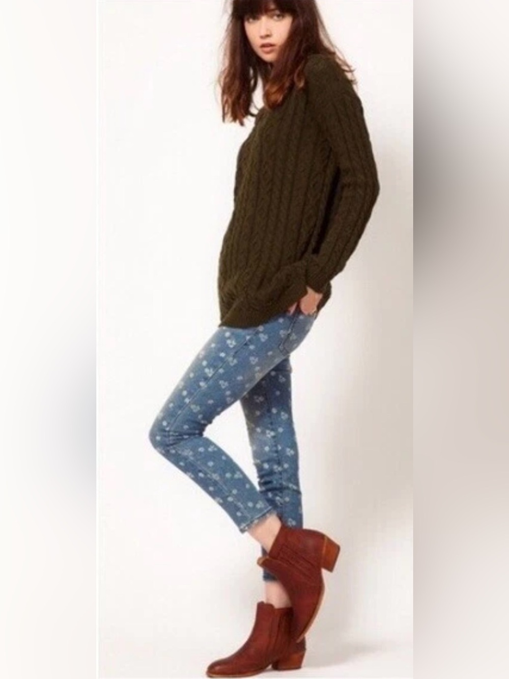Free People Floral Print Crop Jeans Size 30 Mid Rise Skinny Ankle Boho